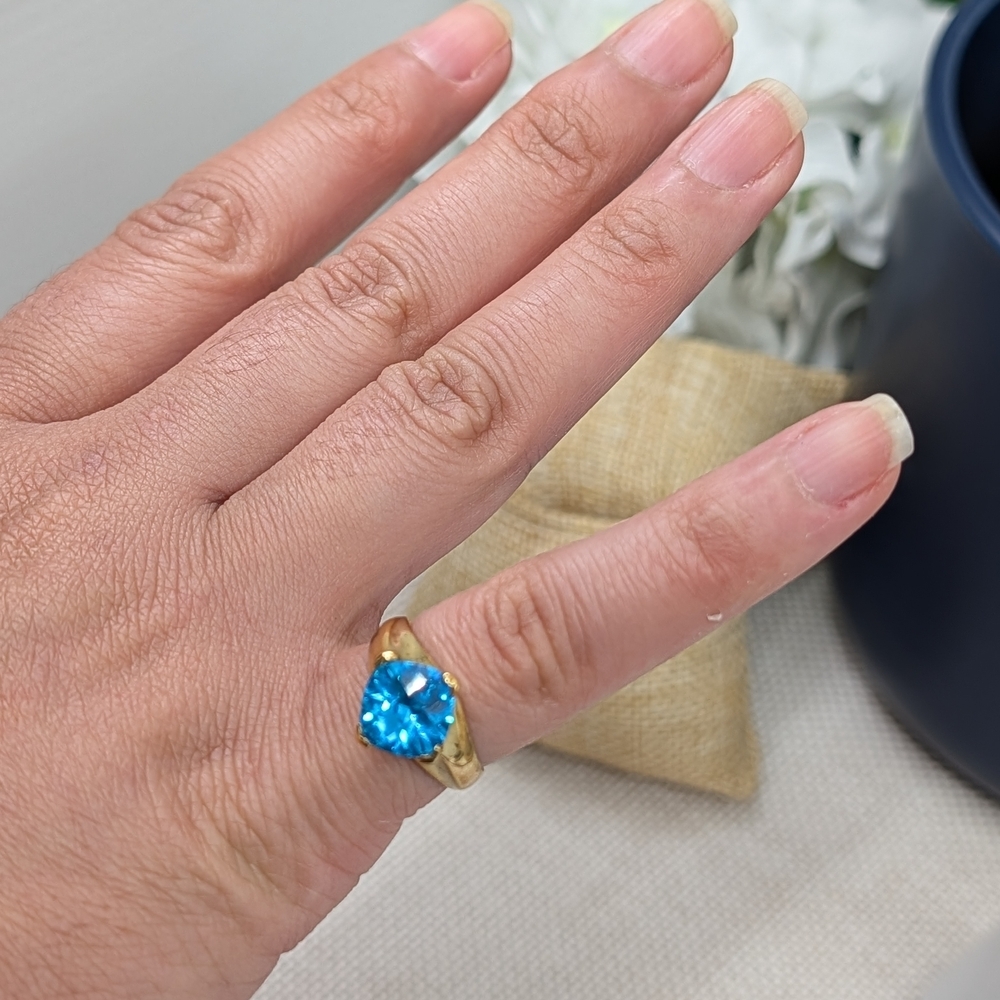 Vintage 925 Sterling Silver Gold Vermeil Statement Ring Faceted Blue Stone Sz 6 - Picture 5 of 16